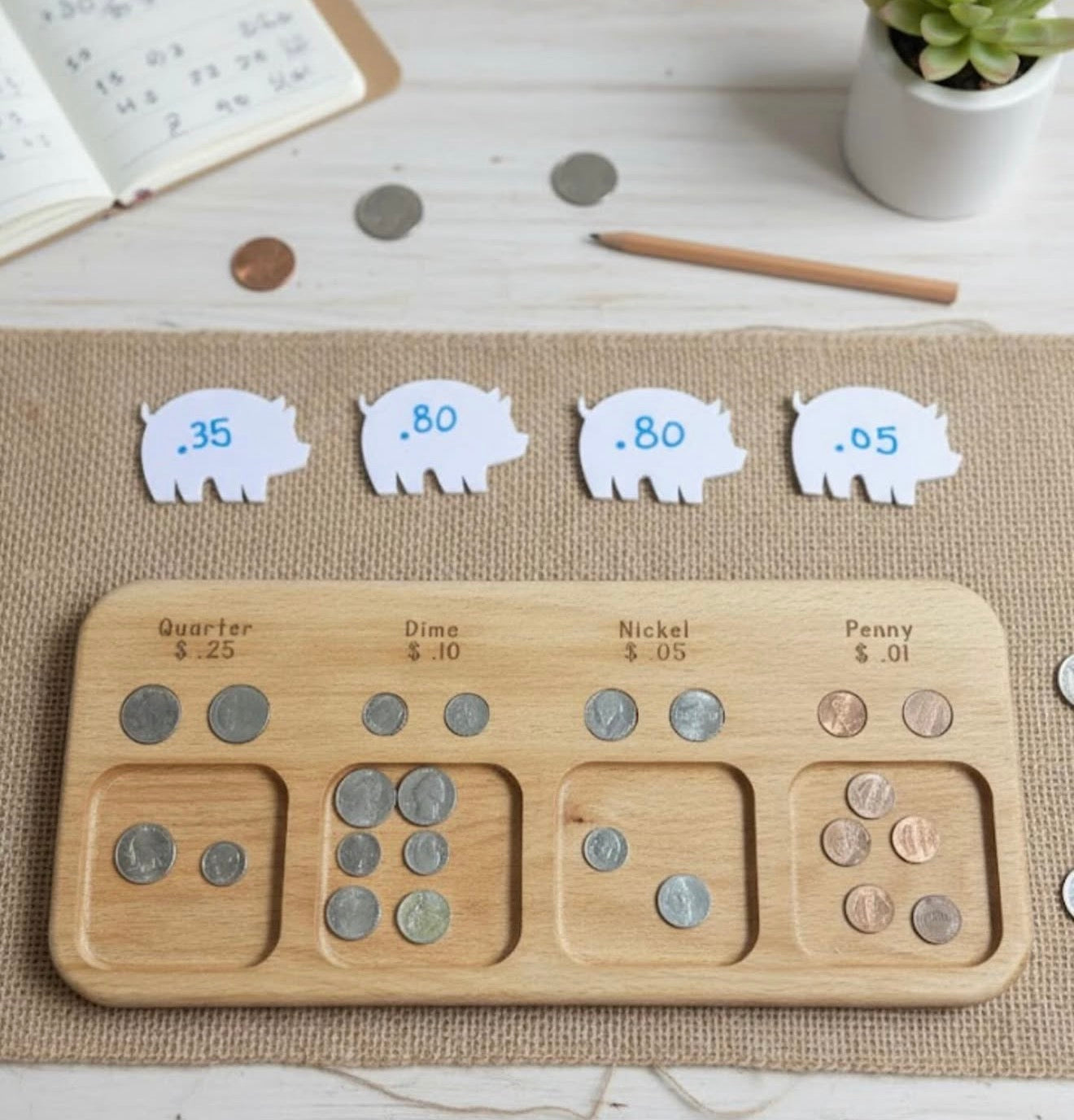 Wooden Money Board & 4 Acrylic Pigs